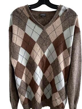 Vintage Wolsey Men's 100% V-Neck Beige Wool Argyle Pattern V-Neck Sweater -XXL